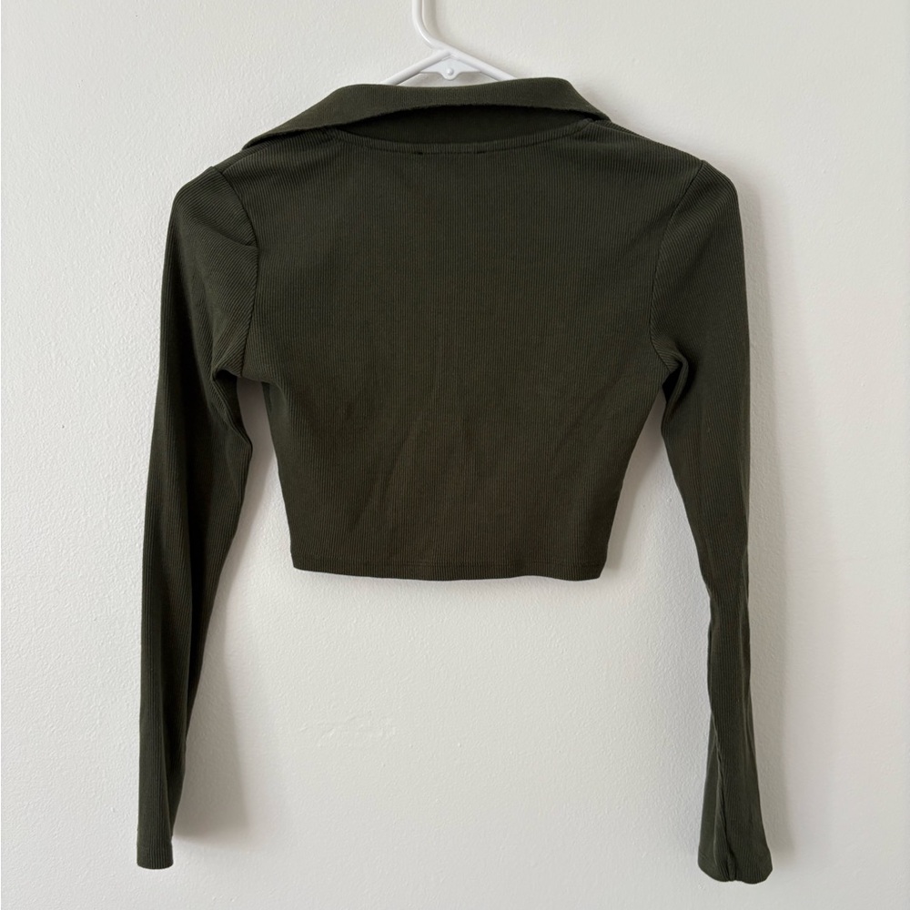 Zara Ribbed Army Green Long Sleeve Polo Crop Top Size Small - Picture 3 of 5